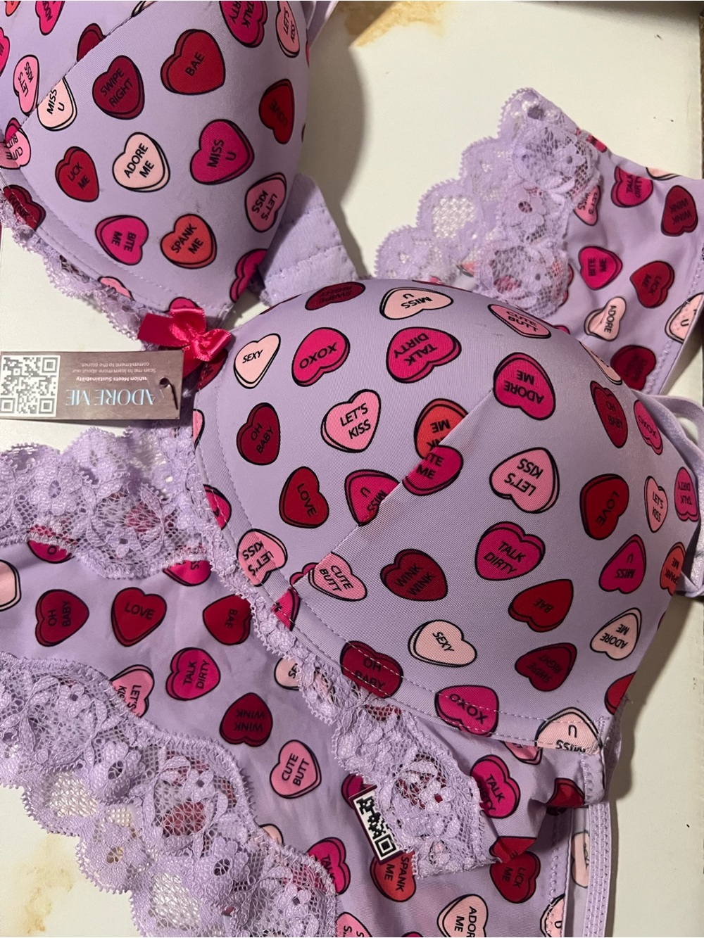 Adore Me Lavender Heart-Print Lace set with Pink & Red Hearts